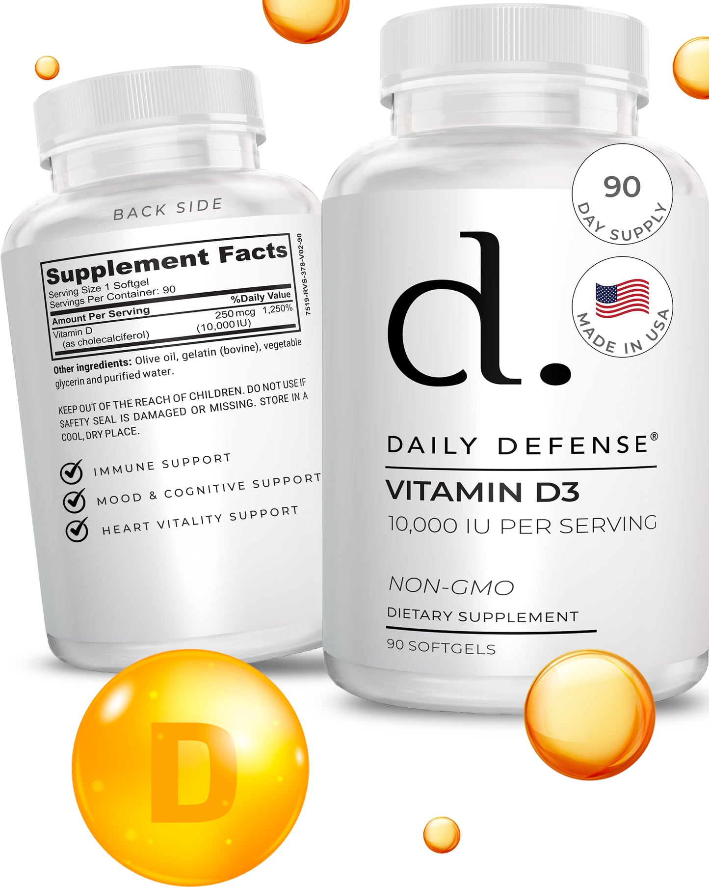 Daily Defense Immune Defense Supplements Vitamin D3 10,000 IU for Heart Health, Daily Immune Support, Mental Clarity, & Muscle Function - 90 Vitamin D Softgels