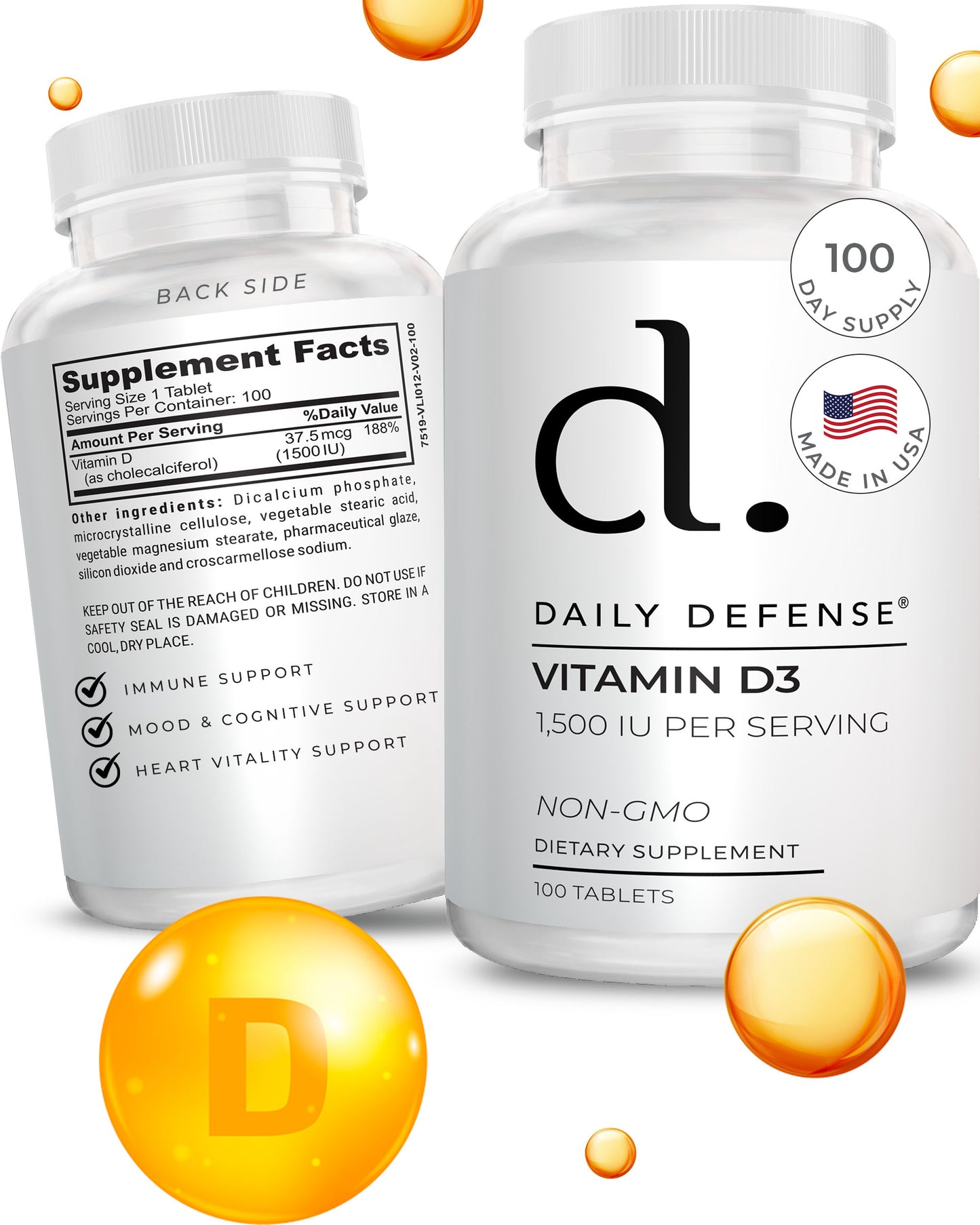 Vitamin D3 1500 IU for Heart Health, Daily Immune Support, Mental Clarity, & Muscle Function - 100 Vitamin D Tablets (D3 1500 IU)