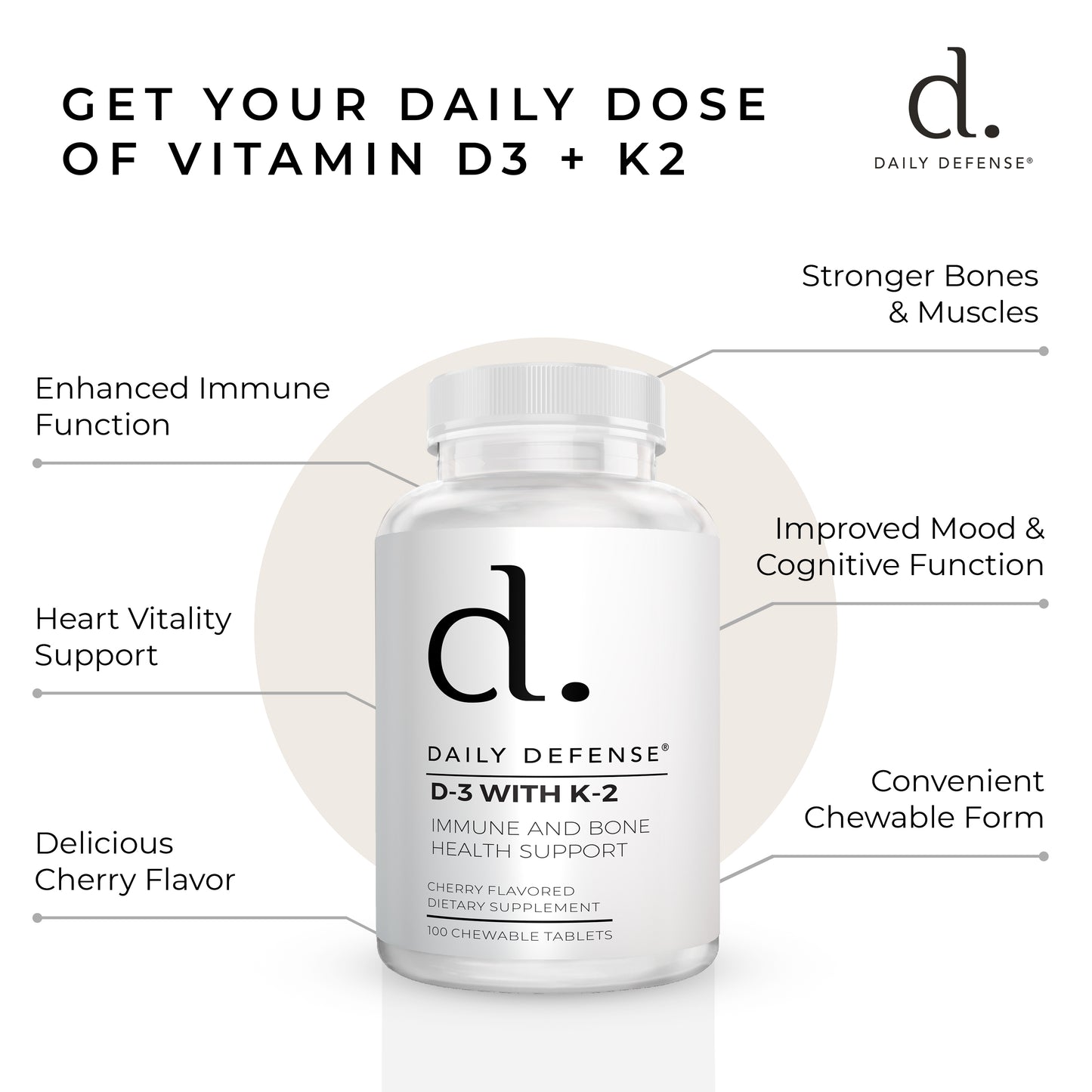 Immune Defense Supplements Vitamin D3 K2 2000IU for Heart Health, Daily Immune Support, Mental Clarity, & Muscle Function - 100 Chewable Tablets