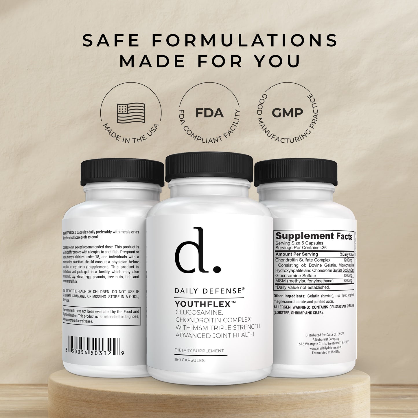 Triple Strength Glucosamine, Chondroitin & MSM | 180 Capsules | Daily Defense